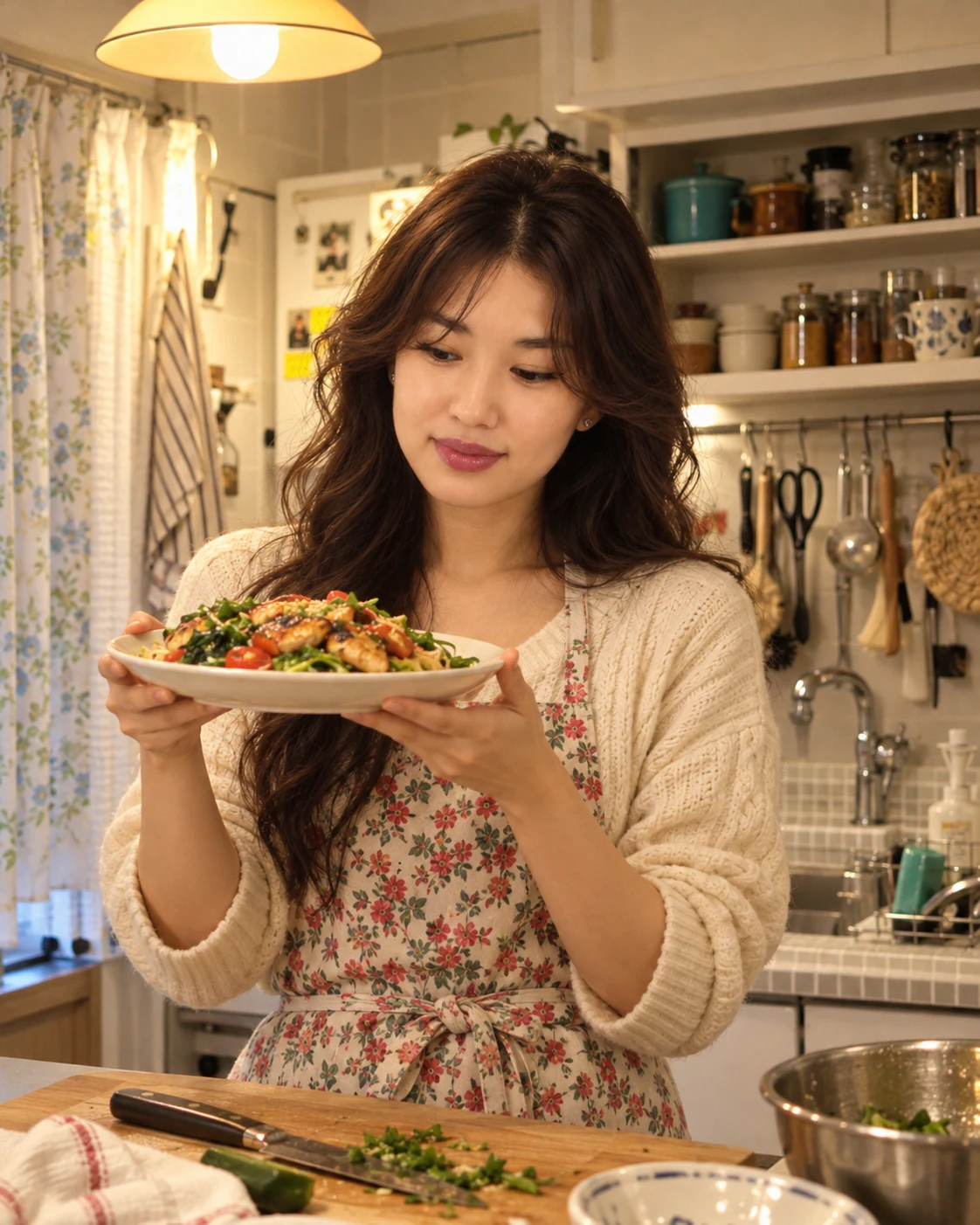 Sue holding a plate of food in her home kitchen.