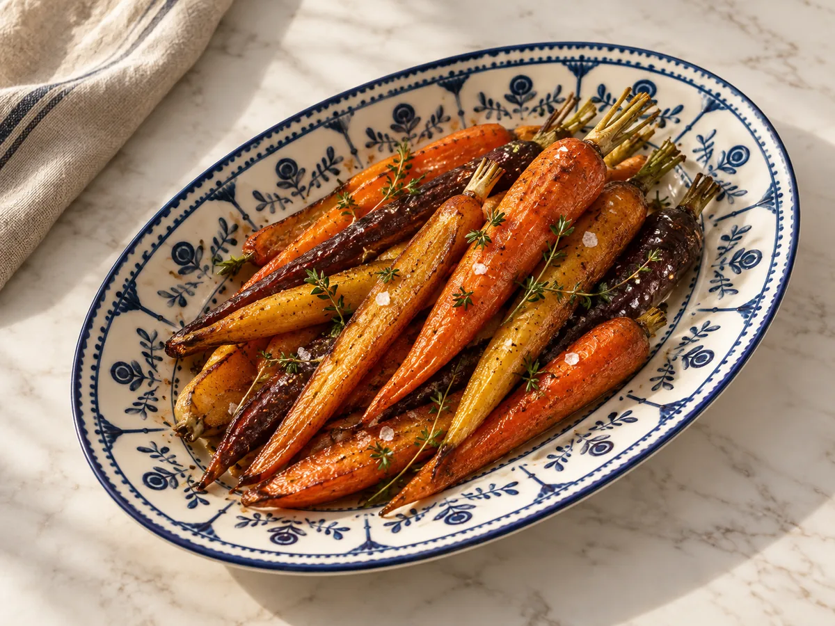 Maple-glazed roasted carrots served on a blue-and-white patterned platter.