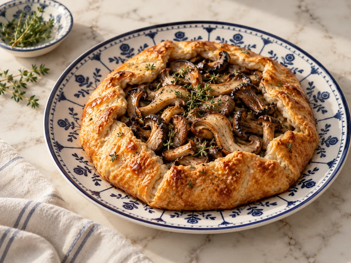 Wild mushroom and thyme galette on a blue-and-white patterned plate.