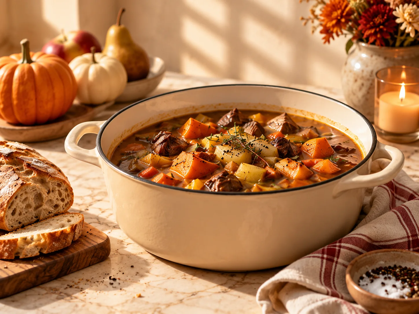 A cream Dutch oven filled with autumn beef stew, served with crusty bread, pumpkins and candlelight.