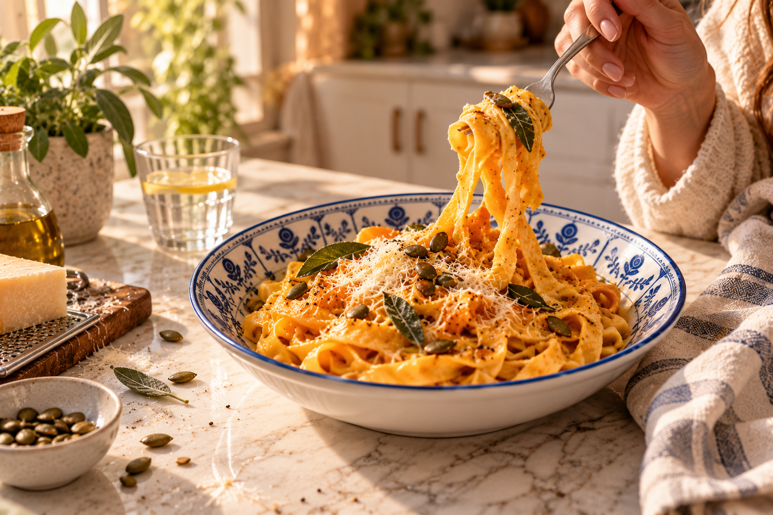 Creamy pumpkin pasta in a blue-and-white patterned bowl on a bright marble kitchen counter.