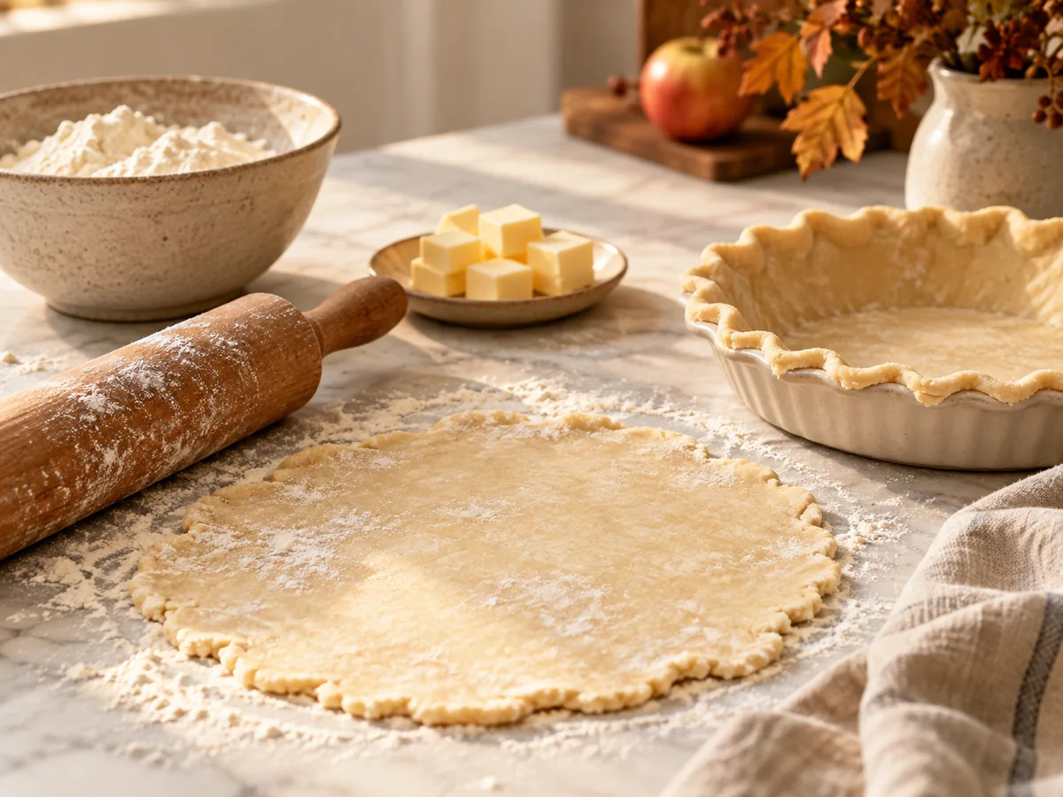 Fresh pie pastry rolled on a lightly floured counter beside a pie dish and rolling pin.