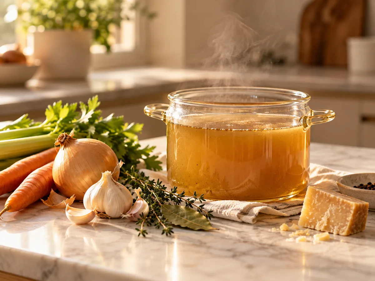 Homemade broth gently simmering with carrots, onion, garlic, herbs and Parmesan.