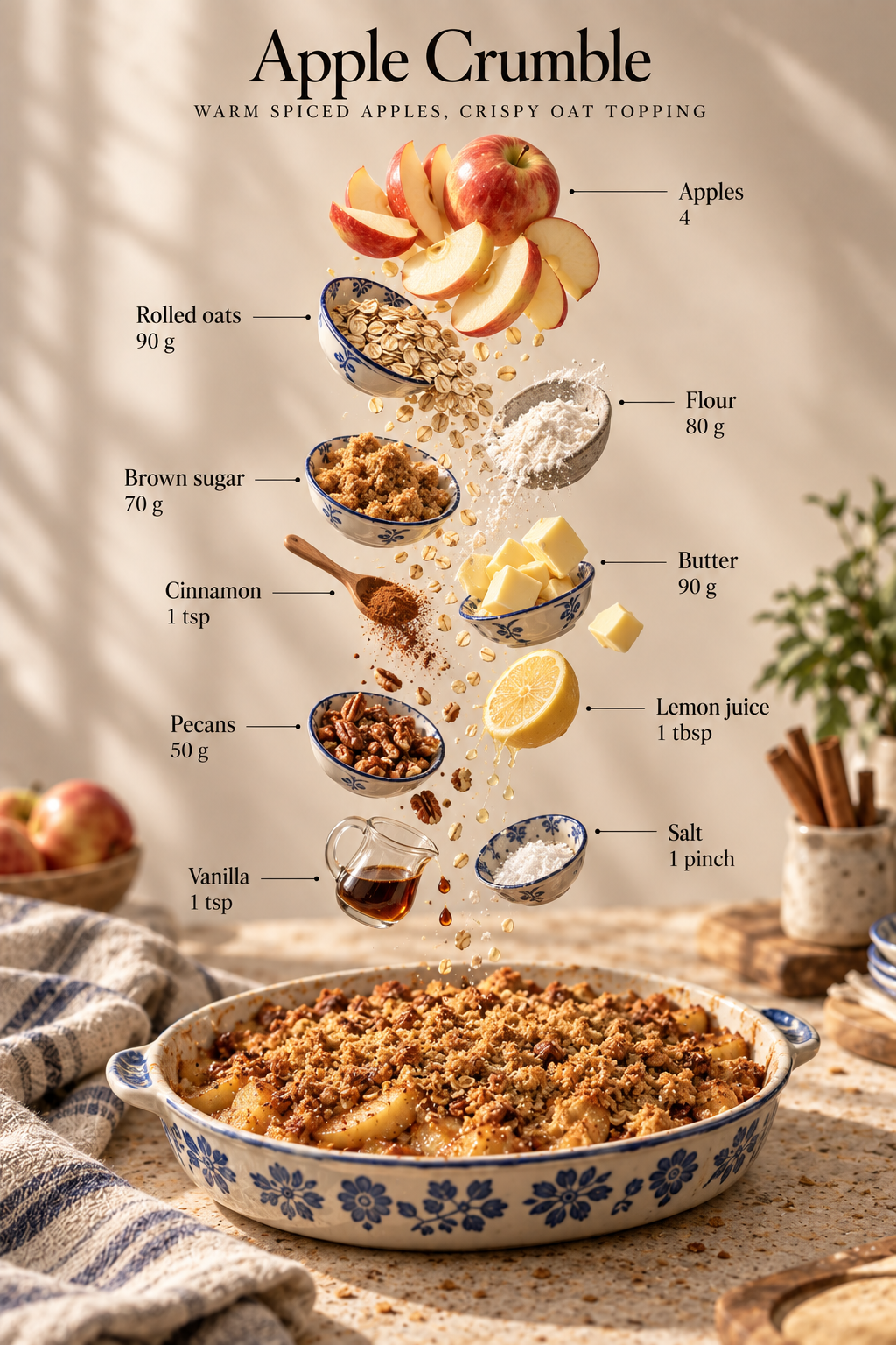 Apple Crumble ingredient board with labeled quantities and the finished crumble.