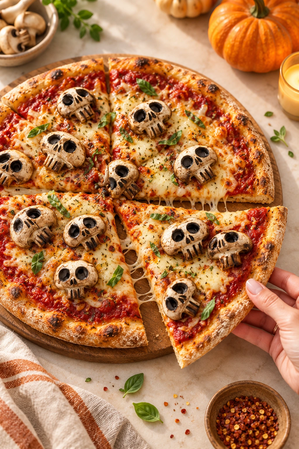 A slice of cheese and tomato pizza with carved mushroom skulls lifted from a wooden board.