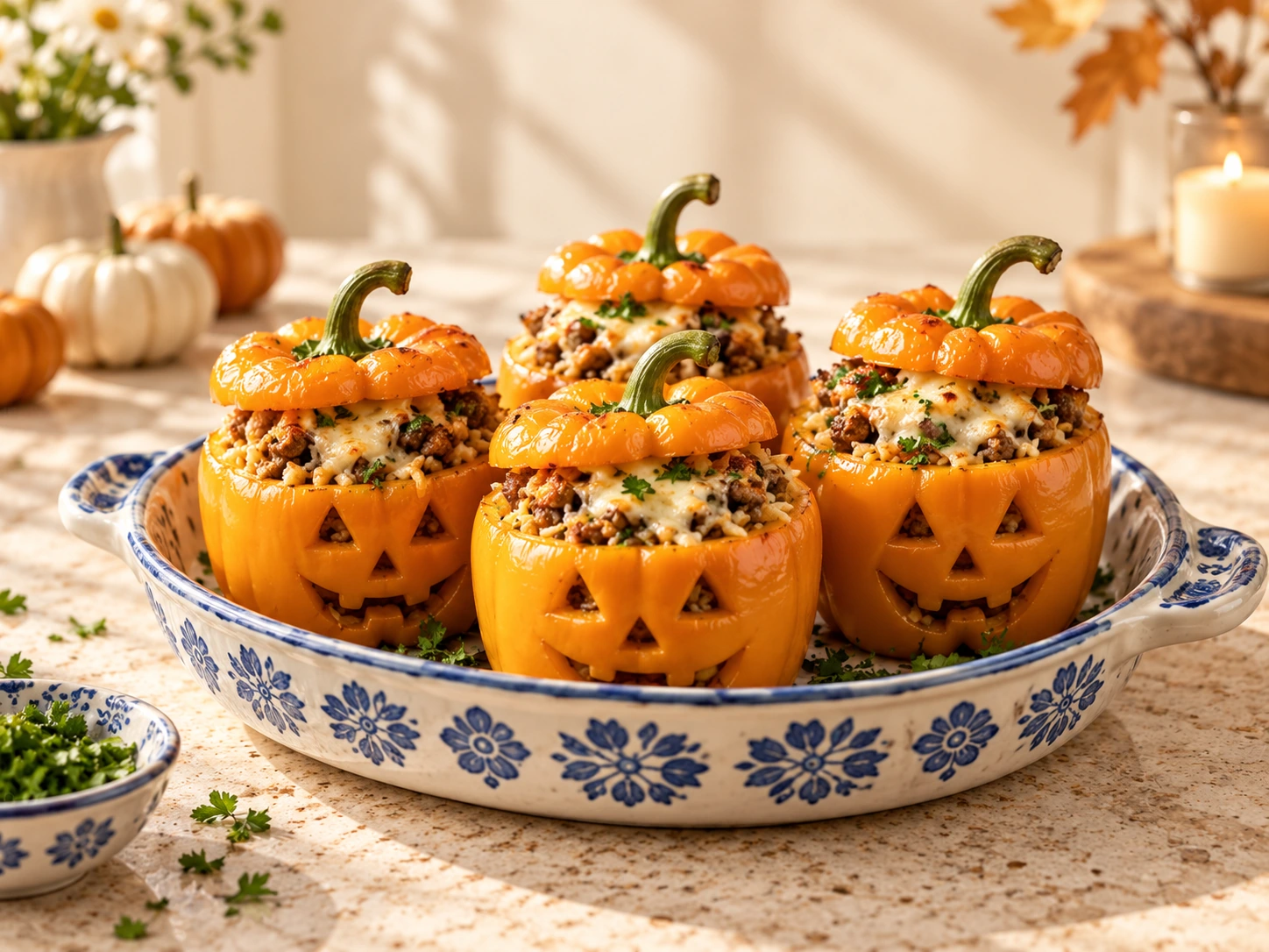 Orange jack-o’-lantern peppers filled with beef, rice and melted mozzarella in a blue-and-white baking dish.