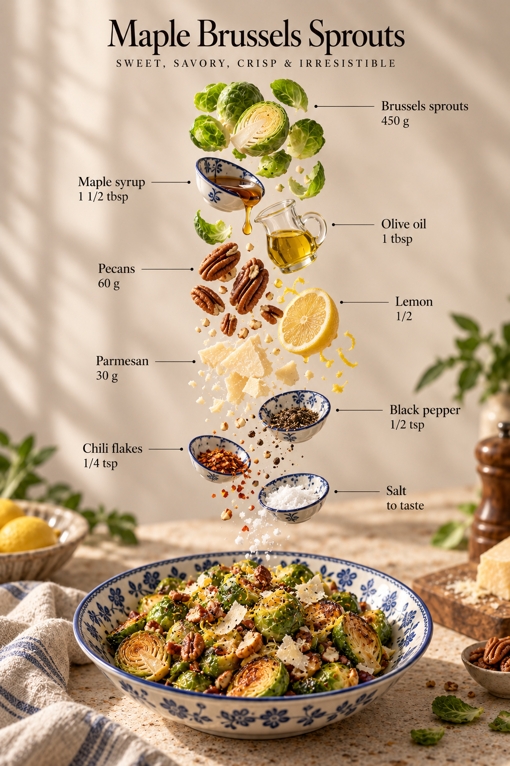 Maple Brussels Sprouts ingredient board with labeled quantities and the finished dish.