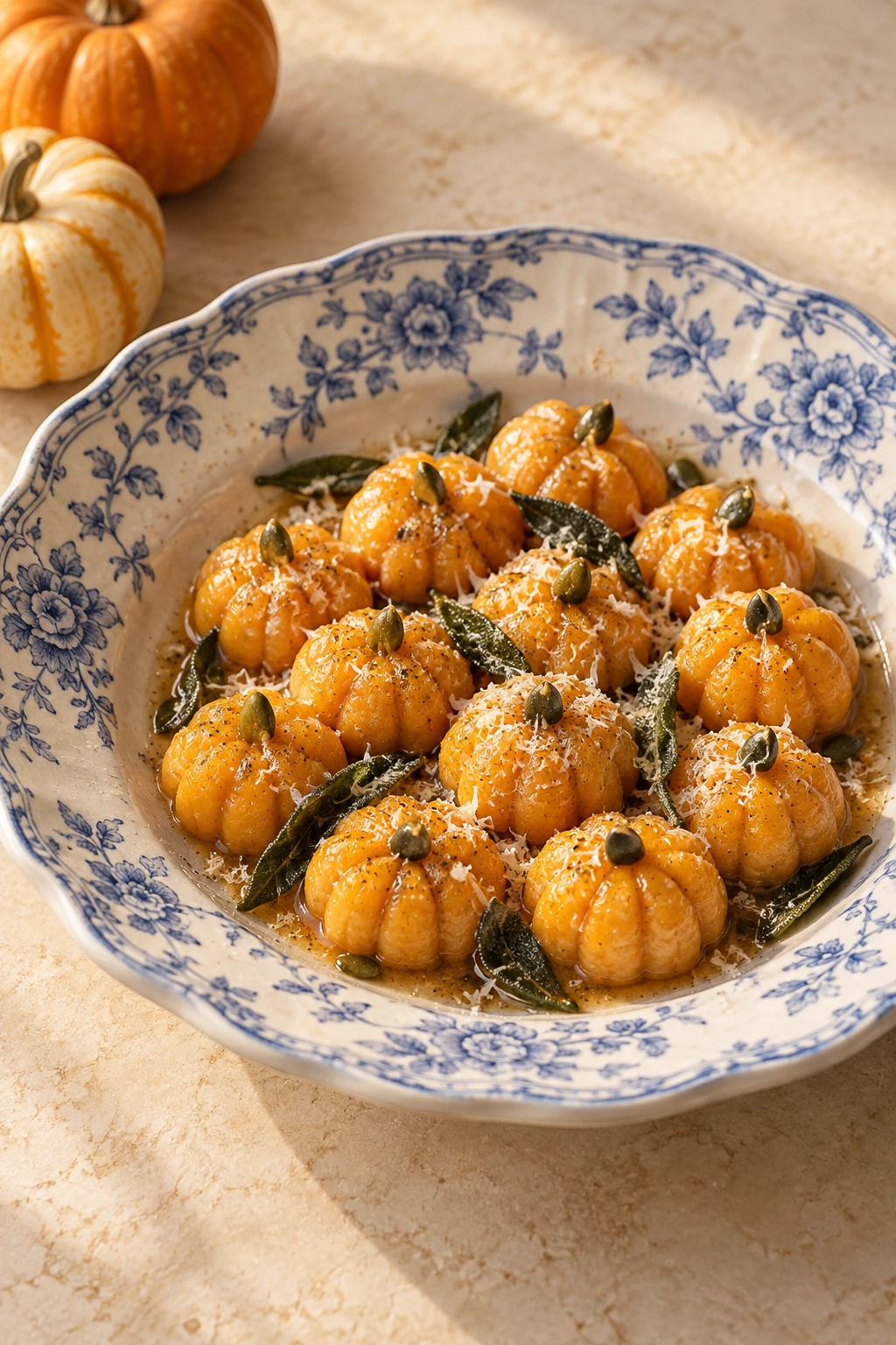 Pumpkin-shaped gnocchi with sage butter, Parmesan and pumpkin-seed stems.