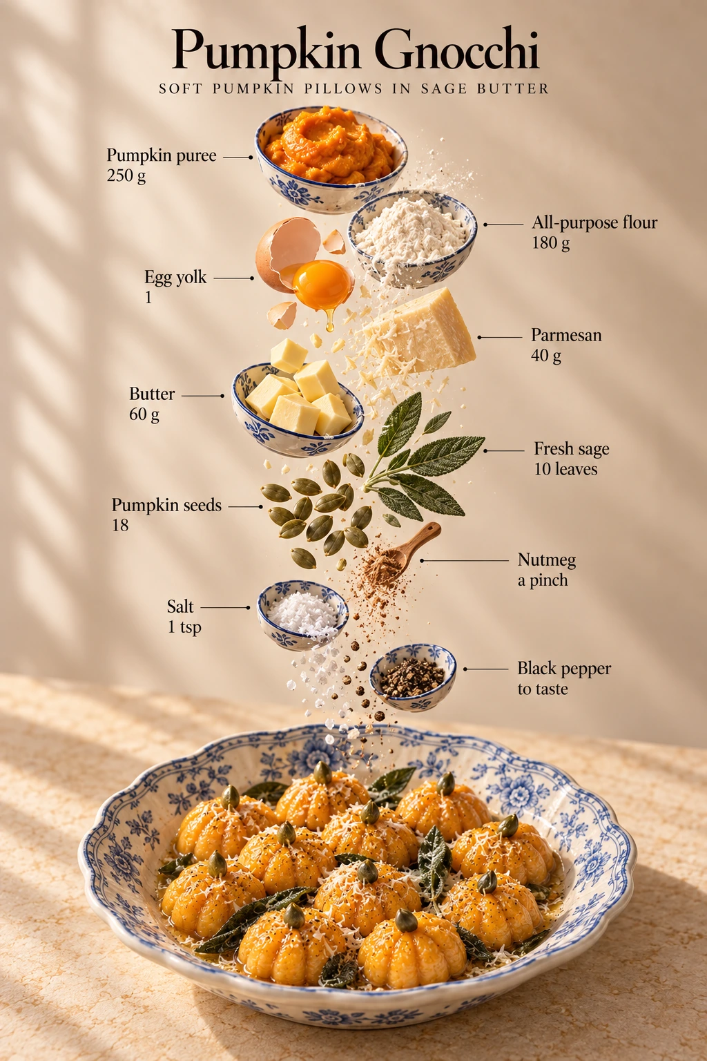Pumpkin Gnocchi ingredient board with pumpkin puree, 180 g all-purpose flour, egg yolk, Parmesan, butter, sage, 18 pumpkin seeds, nutmeg, salt and black pepper.